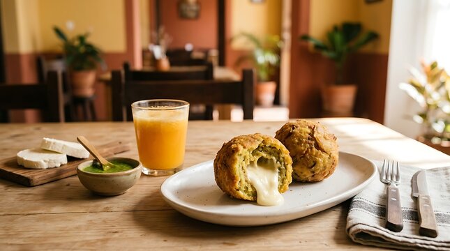 bol&oacute;n de verde on oval white plate, positioned in the lower right third on a light breakfast wood table