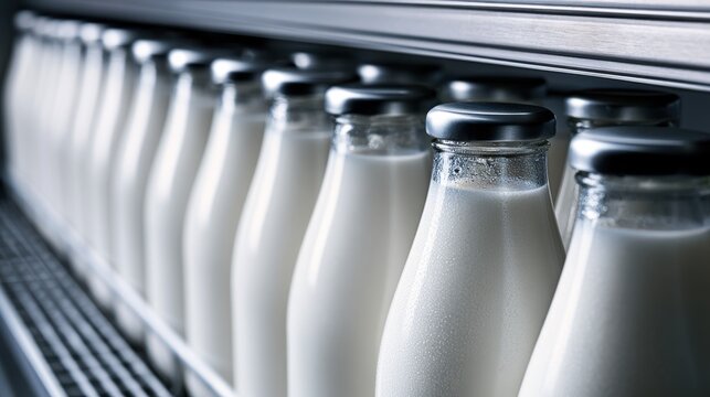 Row of glass milk bottles lined up on a grocery store shelf. Represents healthy dairy products and fresh food supply.