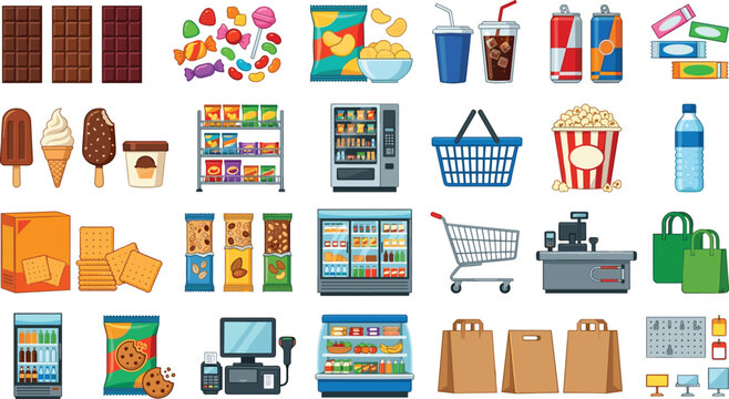 Supermarket snack food and retail store vector icons set with vending machine grocery cart basket snacks and candy