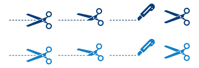 Dark and light blue scissors and utility knife cutting line on transparent background © Moin