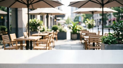 Fototapeta premium Outdoor Cafe Terrace with Wooden Tables and Umbrellas for Web Design
