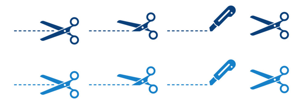 Dark and light blue scissors and utility knife cutting line on transparent background