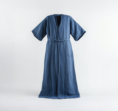 Blue ephod, biblical robe garment displayed on a plain background