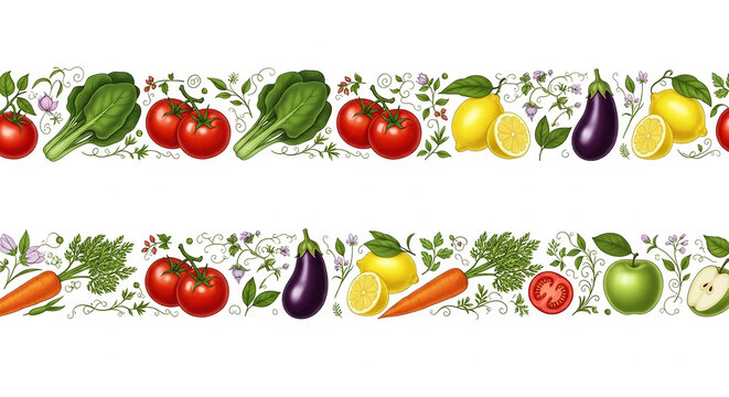 Decorative Border of Fresh Vegetables and Fruits with Greenery and Flowers