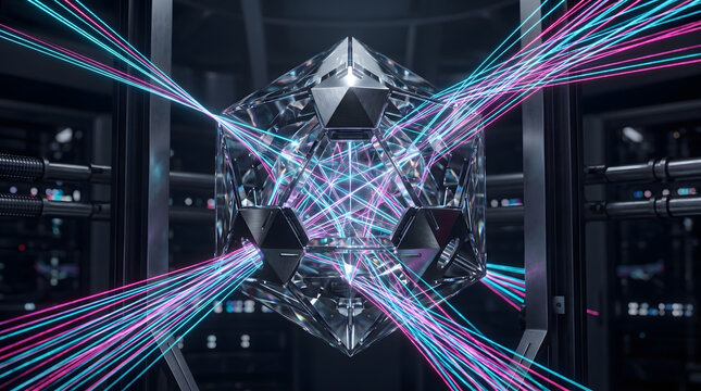 Complex quantum computing processor core visualization.