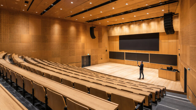 Acoustic engineer testing sound levels in empty university lecture hall
