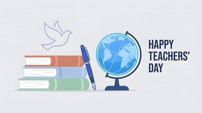 Happy teachers day celebration with books globe and pen, education