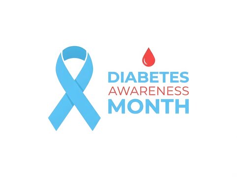 Diabetes awareness month concept with light blue ribbon and blood drop