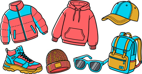 Colorful Winter Streetwear and Outdoor Travel Gear Vector Set with Puffer Jacket, Hoodie, Backpack, Hiking Boot, Beanie, Cap, and Sunglasses © DarparajDab