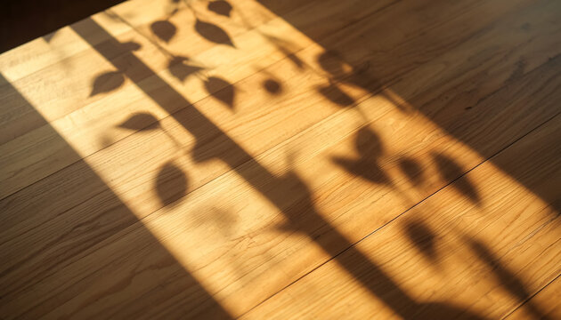 Leaf shadows on wooden floor. Sunlight casting organic foliage patterns on timber surface.