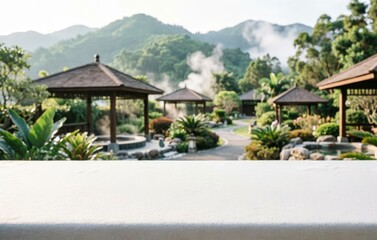 Obraz premium Serene Garden with Wooden Gazebos and Misty Mountains for Wellness Design