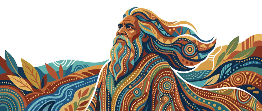 Elderly Man with Flowing Hair and Beard in Colorful Patterns