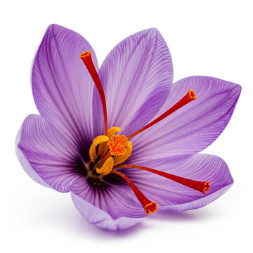 Delicate purple saffron crocus flower with vibrant red stigmas and yellow anthers on white Keywords: saffron, crocus