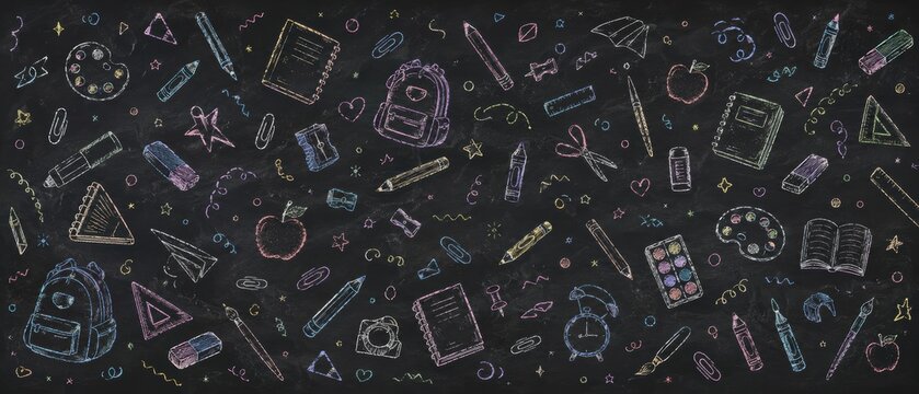 Colorful chalk drawings of backpacks, notebooks, pencils, rulers, apples and school supplies on a blackboard, creative back to school background for education banners, posters and classroom design