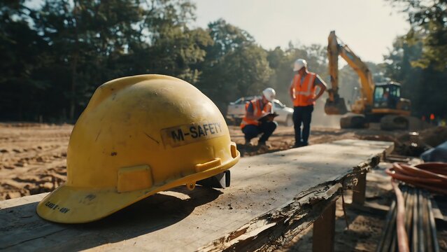 Construction site safety yellow hard hat and workers