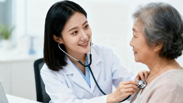 Caring Asian Female Doctor Examining Senior Patient