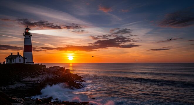 Majestic lighthouse shining over the ocean waves at a vibrant golden hour sunset sky