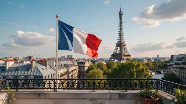 French flag waving over paris with eiffel tower view