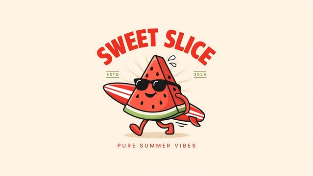 Sweet slice watermelon mascot with surfboard summer branding
