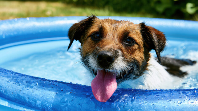 A dog with brown and white fur enjoys splashing water in a blue pool. The sun is shining, and the garden is green. The dog looks happy and is sticking out its tongue
