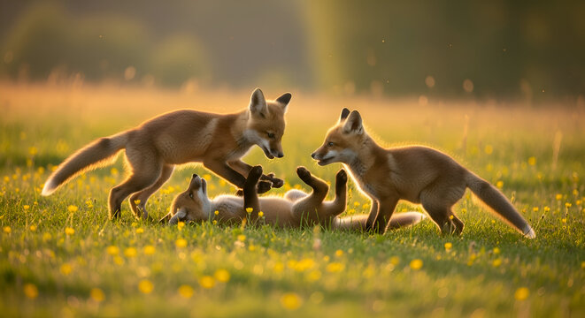Three playful fox cubs tumbling and wrestling in a sunlit meadow during golden hour