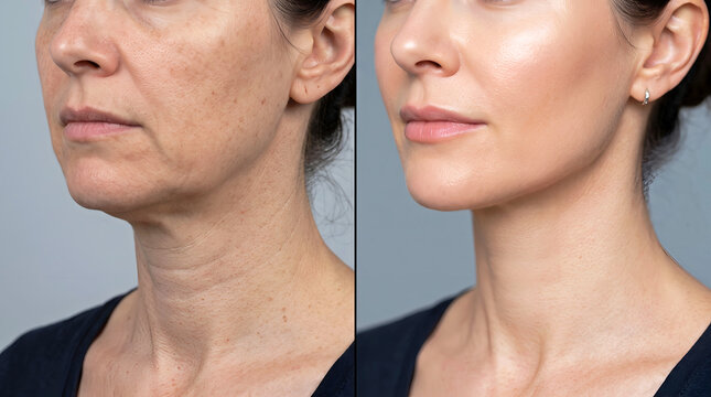 Side by side comparison portrait of woman aging sagging neck wrinkles and jowls skin before and after cosmetic tightening treatment