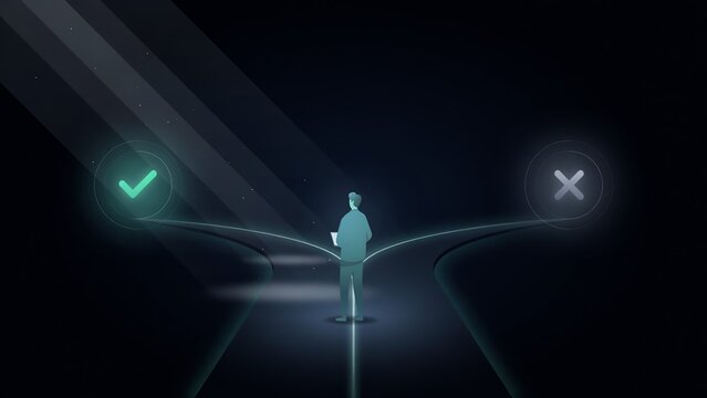 Man standing at crossroads choosing between right and wrong path