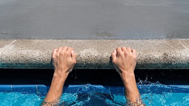 Swimmer Hands Gripping Starting Block with Blue Ripple Water