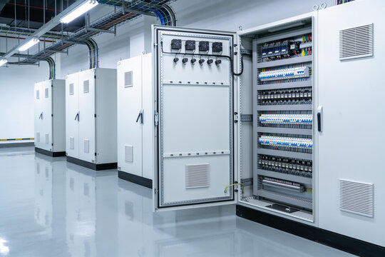 Modern electrical control panel room with rows of distribution cabinets and wiring