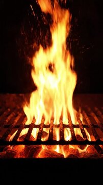 Intense flames erupting on a barbecue grill with glowing charcoal and sparks on black background