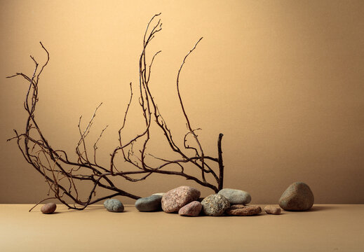 An intricately entwined branches and smooth stones against a beige background.