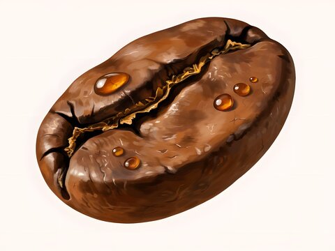 Single roasted coffee bean with water droplets for beverage and cafe branding, isolated on white background