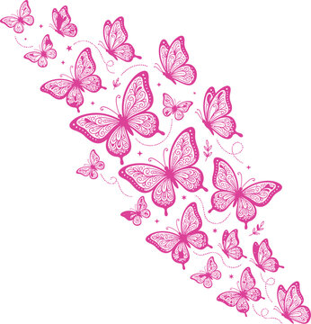 Beautiful cluster of bright pink flying butterflies with intricate line art patterns and decorative star swirl design elements