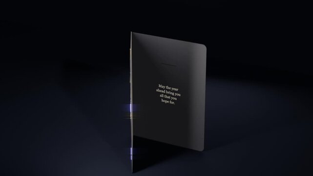Sparkles flaring, folded card opening on right at studio, revealing gold starburst message