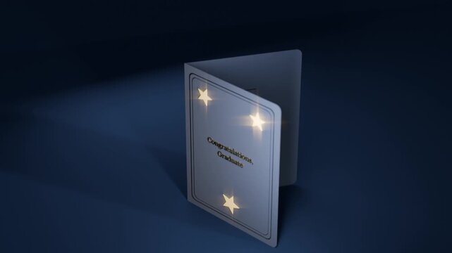 Rotating folded greeting card opening to reveal message on dark blue floor with three gold stars