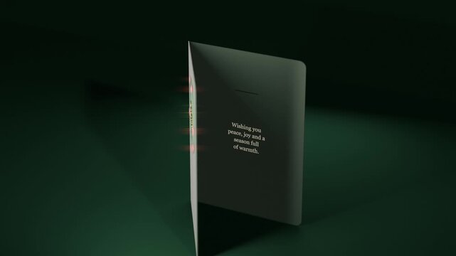 Starting card rotating and opening on green floor, revealing wreath with six pink lights and text