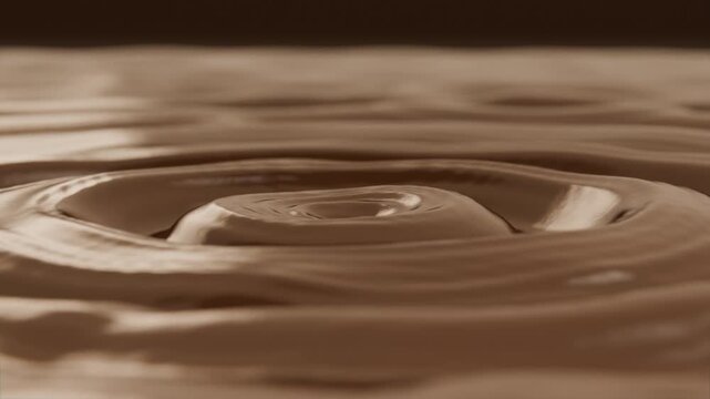 Falling droplet striking macro closeup brown surface, sending crater jet, ripples and drops merging