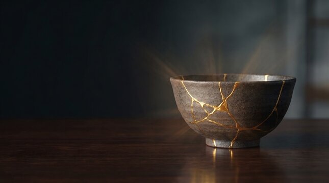 Shiny Kintsugi Ceramic Bowl Mended with Gold on Dark Wood Table