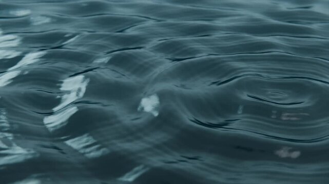 Falling single drop hitting teal water under panel lights, revealing expanding ripple interference