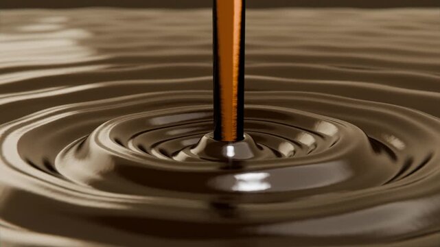 Dispensing vertical nozzle striking viscous brown shallow pool in studio, creating ripples and peak