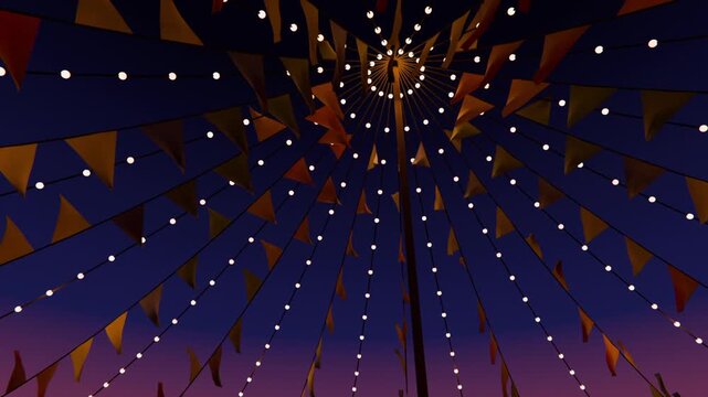 Moving camera revealing canopy swaying in breeze at twilight, with pole, strings, bulbs, flags