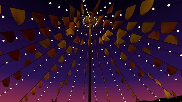 Swaying canopy on central pole in gentle breeze at outdoor festival, with string lights and bunting