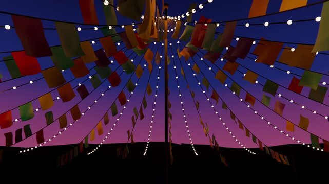 Breeze stirring canopy pennants shifting around central pole at dusk with bulbs, adding festive air