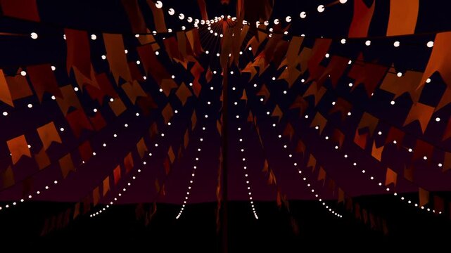 Lifting camera showing festival canopy spiraling to mast at night drawing gaze up, lights, pennants