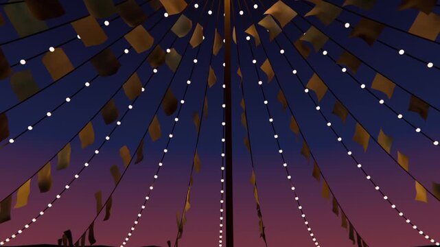 Rising breeze sending central pole and pennants swaying at festival, bulbs lit on radial lines