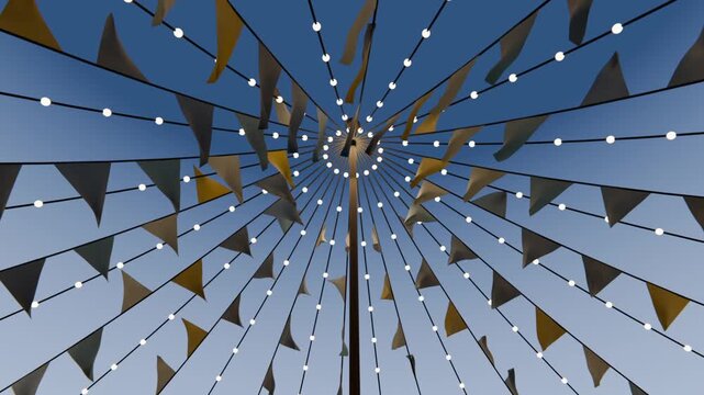 Fluttering flags on canopy of pole as gusts moving radial lights, camera pulling back showing tents