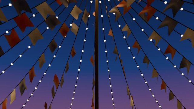 Fluttering central pole strings, pennant flags swaying at dusk fair in breeze, showing lit bulbs