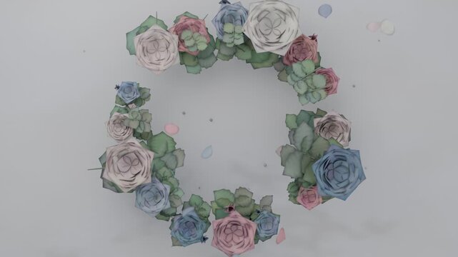 Starting frame reveal, pastel roses and succulents moving overhead on pale backdrop, forming wreath