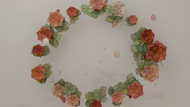 Frames showing roses and leaves assembling into circular wreath on cream table with drifting petals
