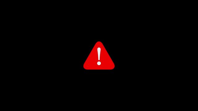 Pulsing red warning triangle animation on black background, for alert and, safety notifications danger